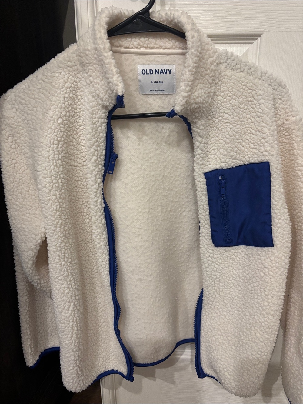 Old Navy Cream Sherpa Jacket with Blue Trim and Pocket